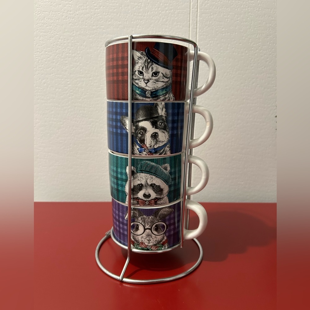 Vintage Pier 1 Stoneware Set of Stackable Coffee Mugs With Metal Stand